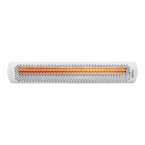 A white rectangular Bromic Heating Tungsten Smart-Heat electric patio heater with orange and yellow elements.