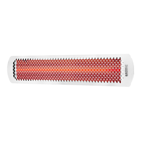 A white Bromic Heating Tungsten Smart-Heat electric patio heater with a red grid.