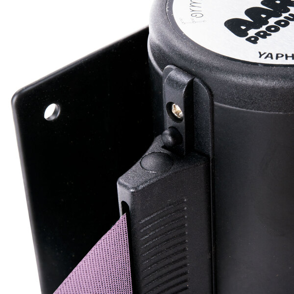 A black Aarco wall-mount stanchion with a purple retractable belt.