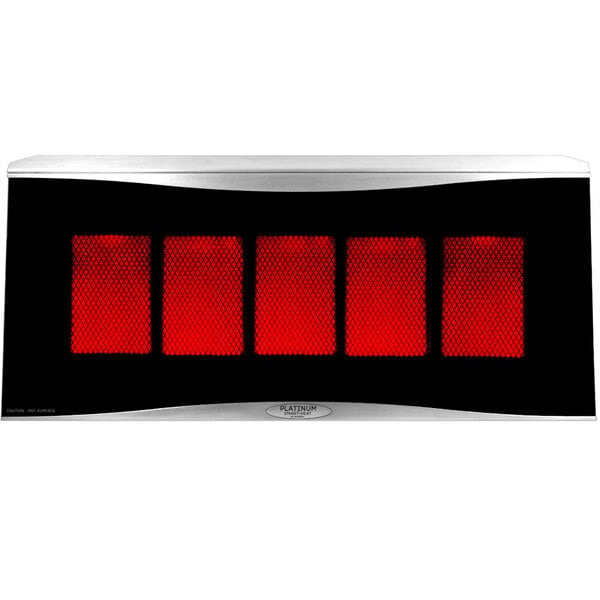 A black rectangular Bromic patio heater with red mesh.