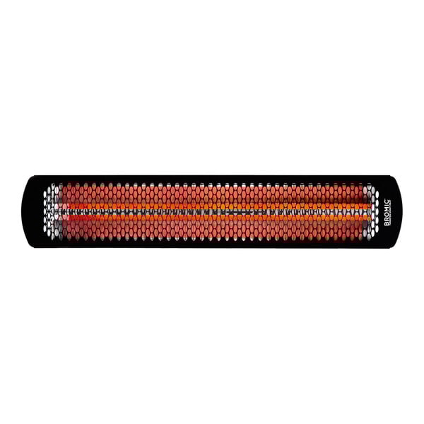 A Bromic black electric patio heater with a black base and a red light.