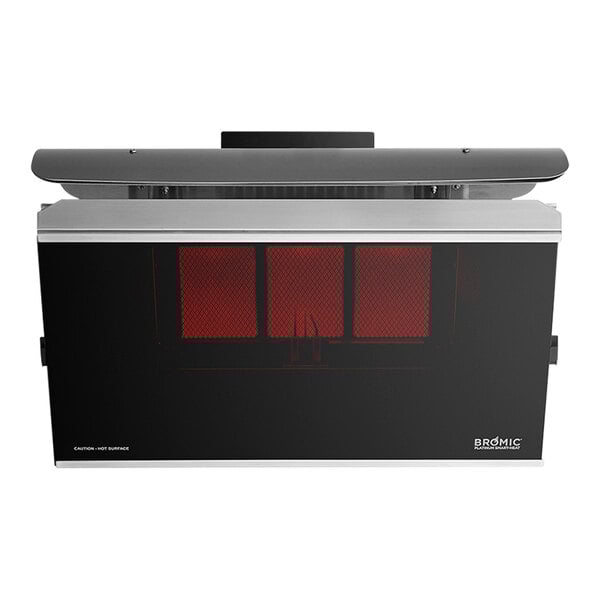 A Bromic Heating natural gas outdoor patio heater with a grey rectangular object on a white background.