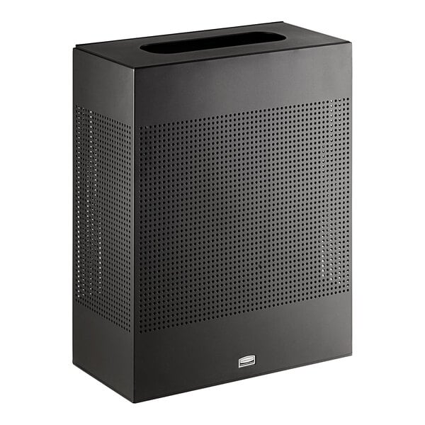 A black Rubbermaid rectangular waste receptacle with a textured design and holes in it.