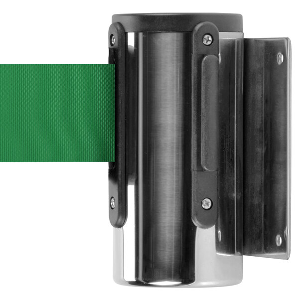 A metal cylinder with a green ribbon.