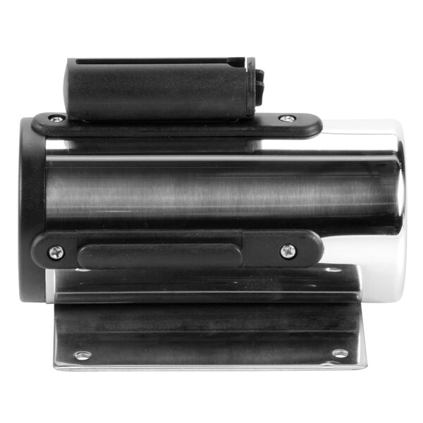 A black and silver Aarco wall-mount stanchion with a green retractable belt.