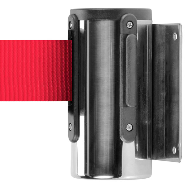 A metal cylinder with a red tape with black plastic and red metal accents.