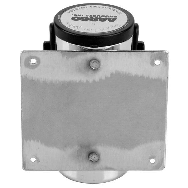 A close-up of a chrome wall-mount stanchion with a round metal plate.