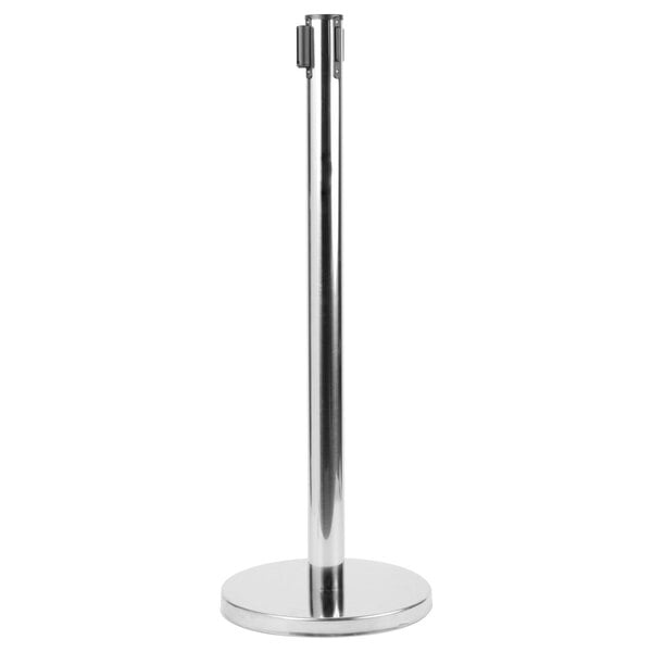 A chrome metal pole with a round base.