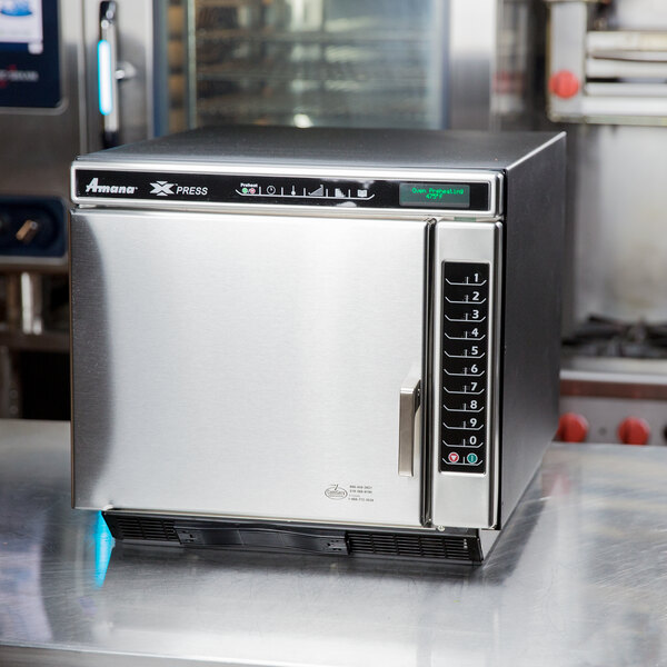 Amana stainless steel high speed oven on a countertop