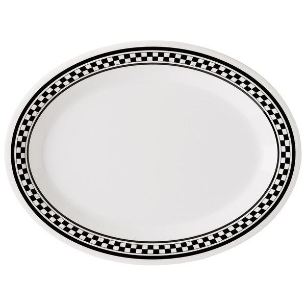 A white oval melamine platter with black and white checkered trim.