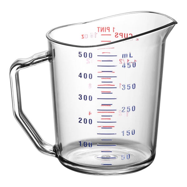 A clear Cambro polycarbonate measuring cup with a handle and scale in red and blue.