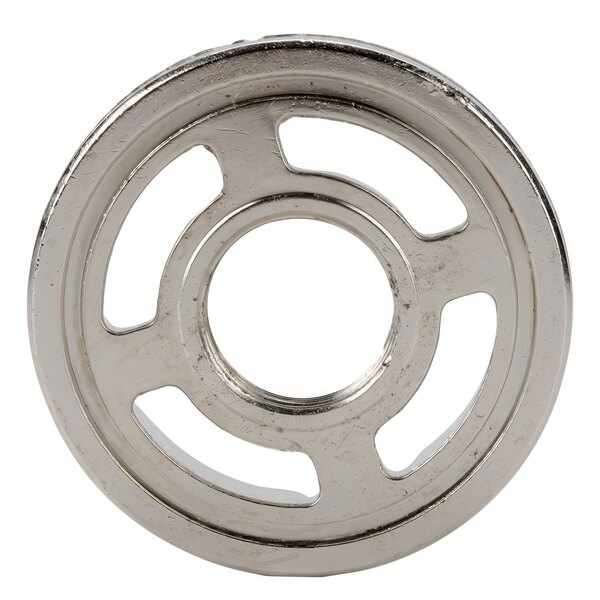A round metal Waring bearing holder nut with holes in it.