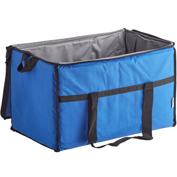 A blue insulated nylon cooler bag with black handles.