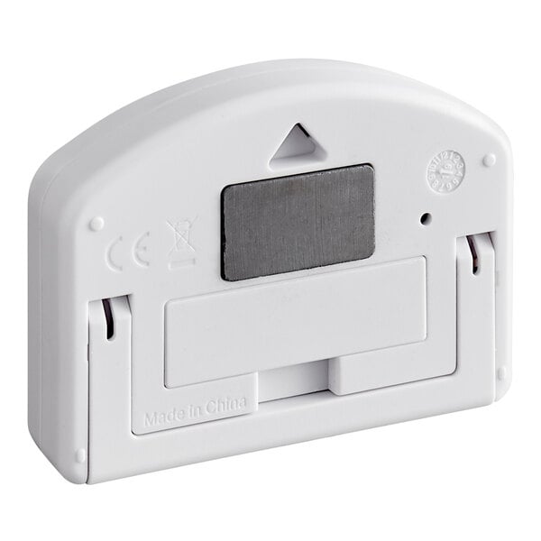 A white digital kitchen timer with a rectangular display, a magnetic back, and a fold-out stand.