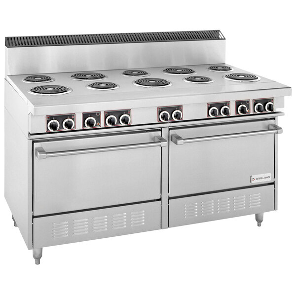 A large stainless steel Garland electric range with two standard ovens.