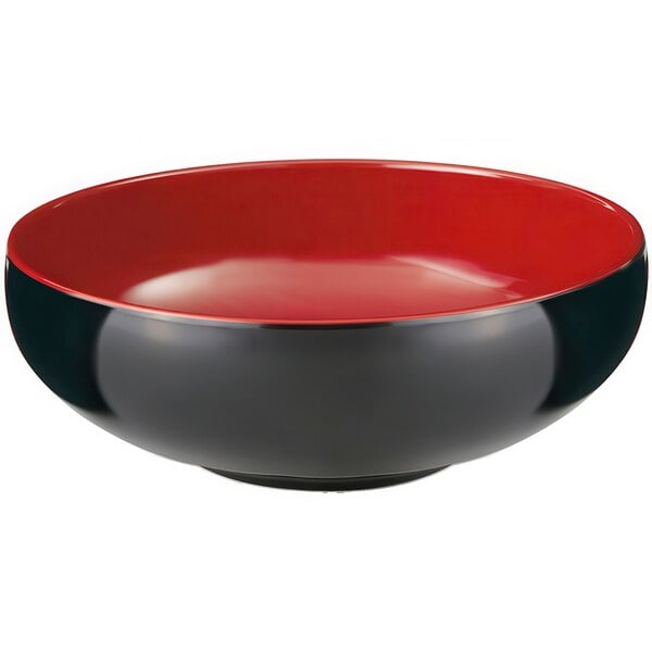 A pack of 12 black and red melamine bowls with a red rim.