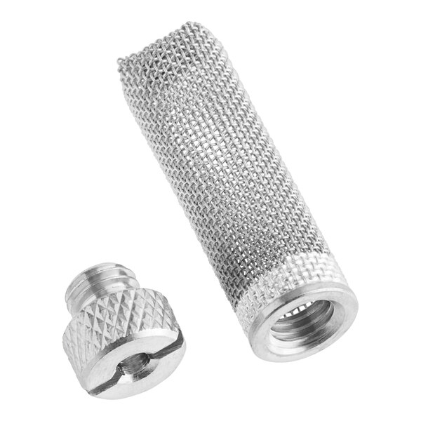 A metal cylinder with a stainless steel mesh filter and nut.