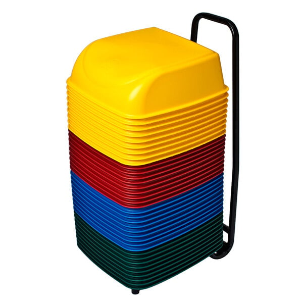 A white Koala Kare cart holding a stack of colorful plastic Koala Kare booster seats.