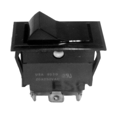 A close-up of a black Waring Rocker Switch with a white background.