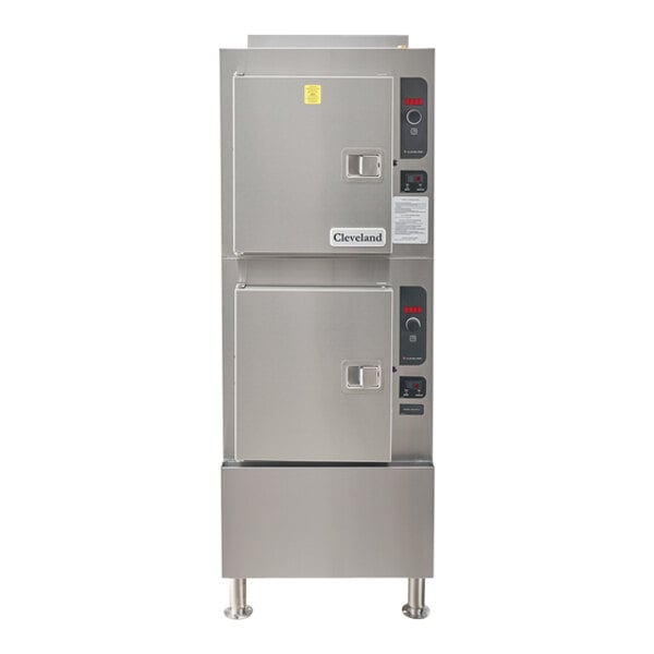 A commercial stainless steel floor steamer with two compartments and digital controls.