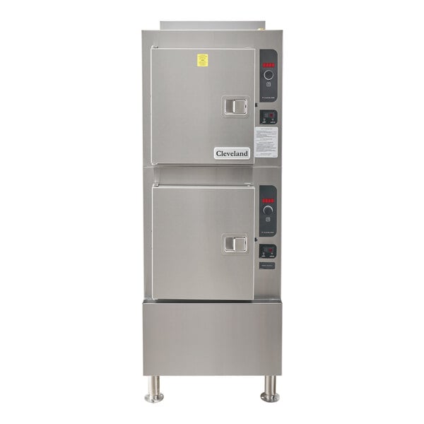 A commercial stainless steel floor steamer with two compartments and digital controls.