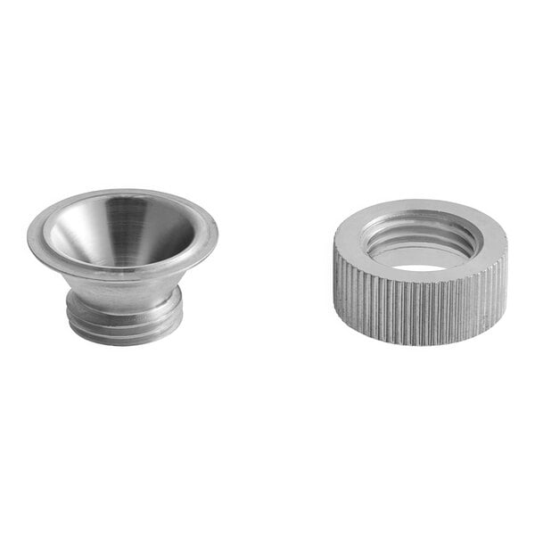 A metal ring with two stainless steel nuts on it.