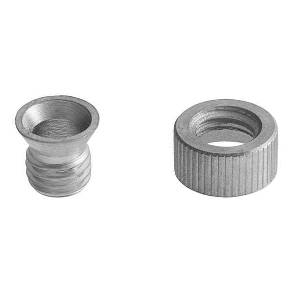 A close-up of two metal nuts and a screw.