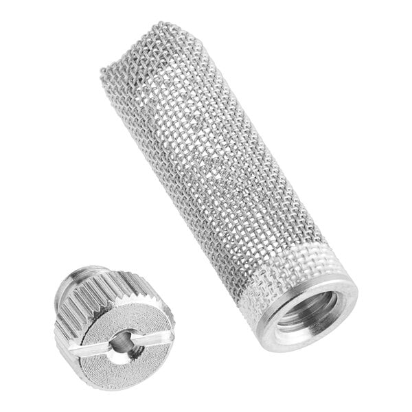A stainless steel metal cylinder with a metal mesh tip and nut.