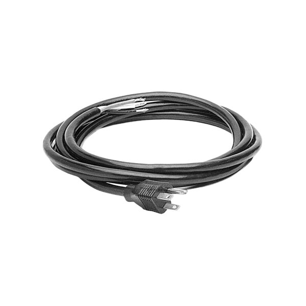 A black cable with a plug and white prongs.