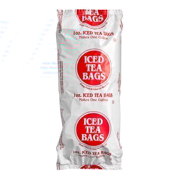 A white bag of Bromley Estate Orange Pekoe Iced Tea Filter Bags with red text.