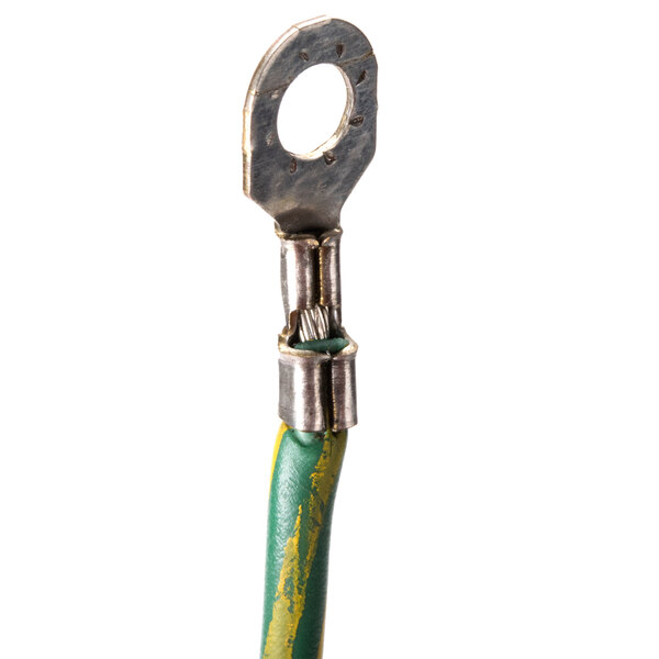A close-up of a Waring replacement lead assembly cable with a green and yellow wire and metal hook.