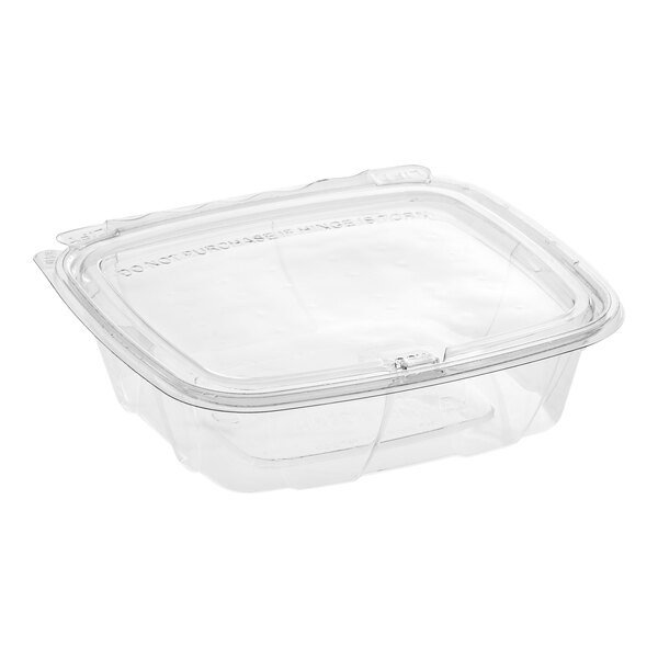 A clear, square, tamper-resistant plastic food container with a hinged flat lid.