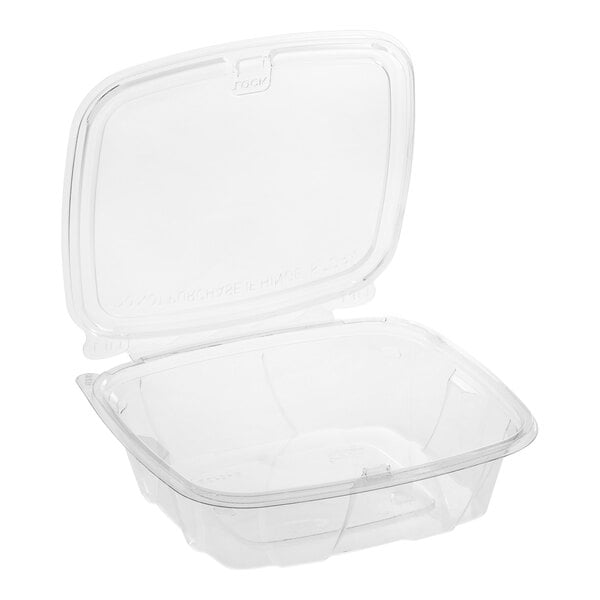 A clear plastic tamper-resistant, tamper-evident hinged food container with a flat lid.