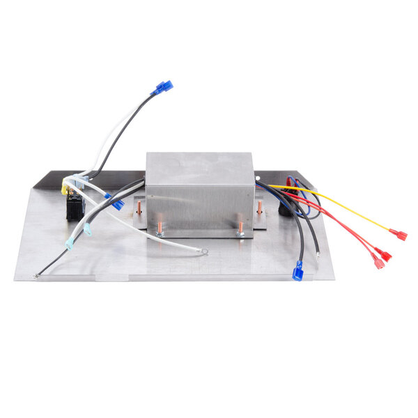 A metal box with wires and electrical parts.