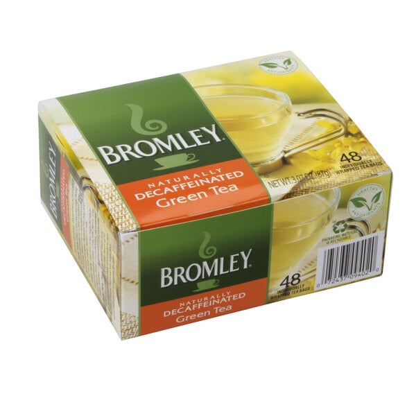 A white box of Bromley Hot Green Decaffeinated Tea Bags.