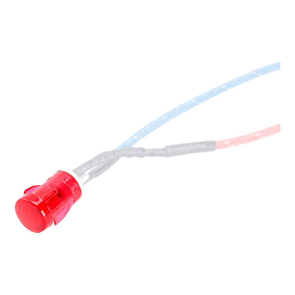 A red LED indicator light with a red and blue wire.