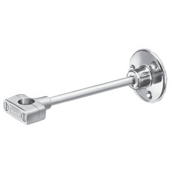 A chrome-plated metal wall bracket with a metal rod for Fisher pre-rinse risers.