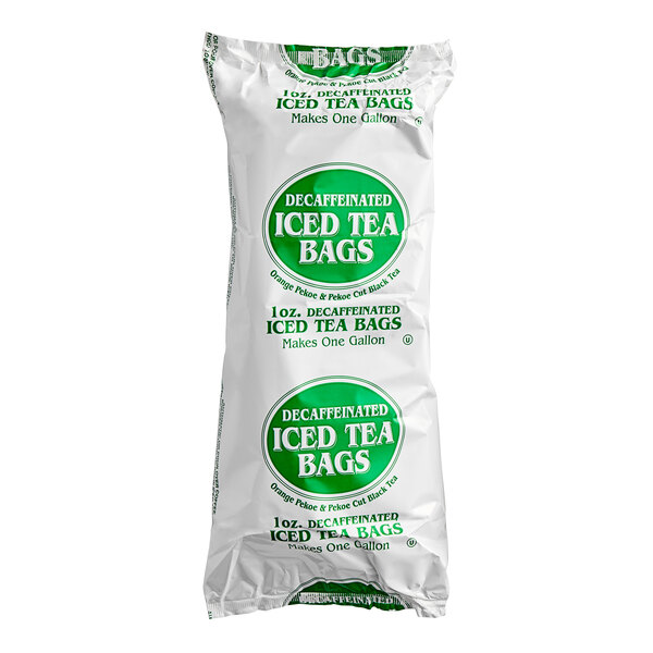 A white bag of Bromley decaffeinated iced tea bags with green text.