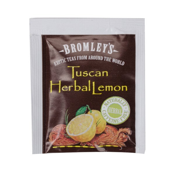 A package of Bromley Exotic Tuscan Lemon Herbal Tea with 24 tea bags featuring a white circle with white text.