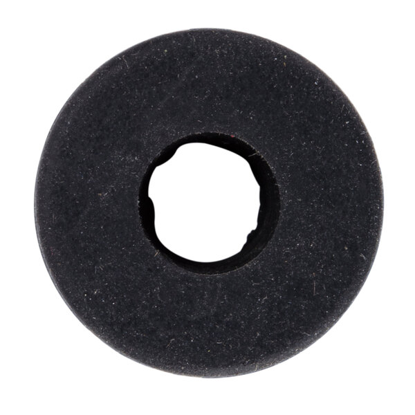 A black rubber washer with a hole in it.