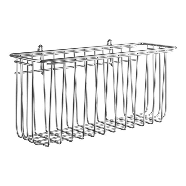 A Regency chrome metal storage basket for wire shelving.