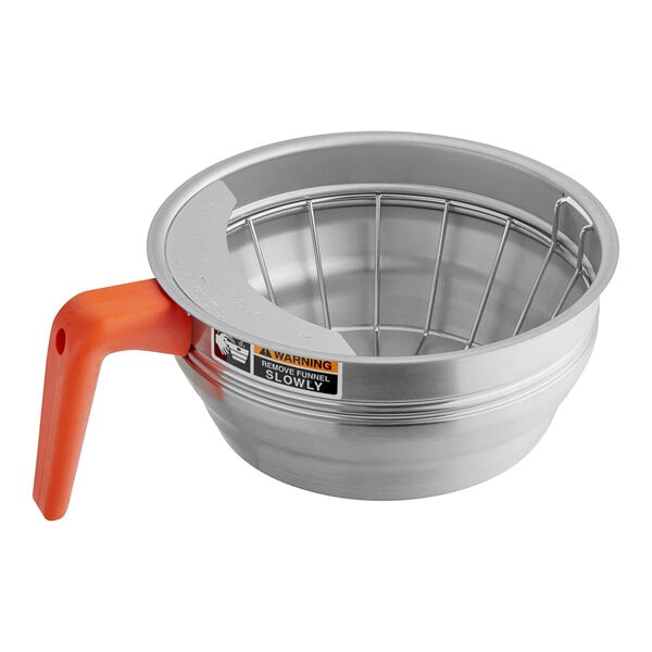 A stainless steel funnel with orange handle.