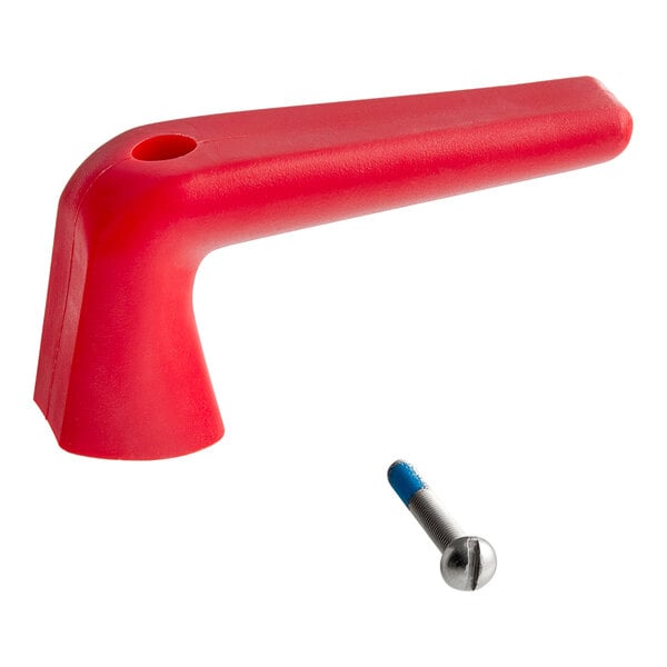 A red plastic Bunn funnel handle with a screw.