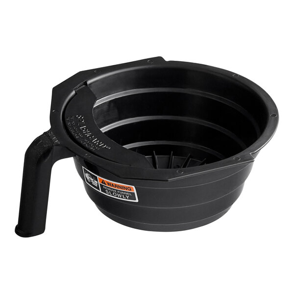 A black plastic bowl with a handle.