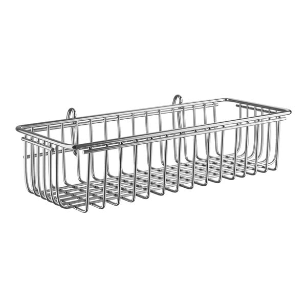 A Regency chrome metal storage basket for wire shelving.