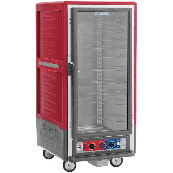 A red and silver Metro C5 heated holding and proofing cabinet with clear door.