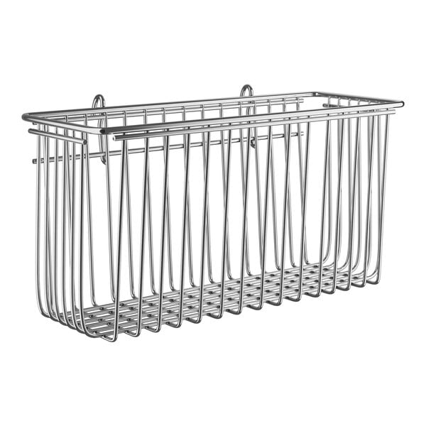 A Regency chrome metal storage basket for wire shelving.