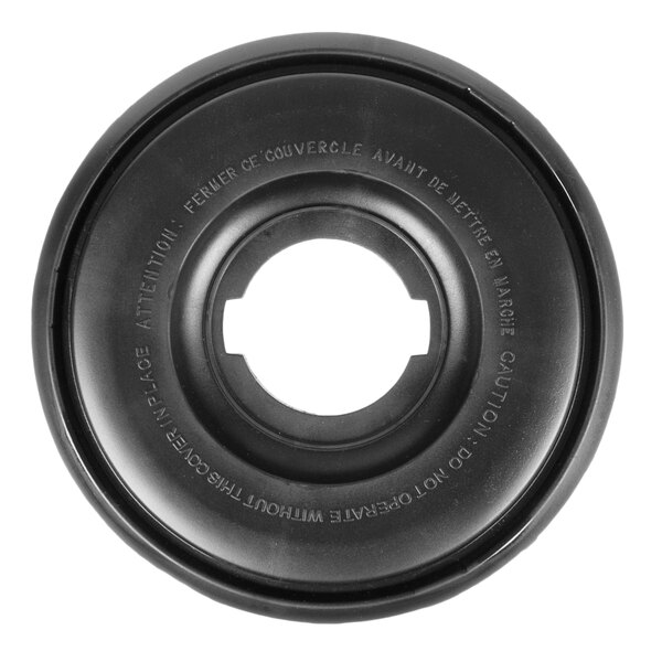 A black vinyl circular lid for a blender with an open center.