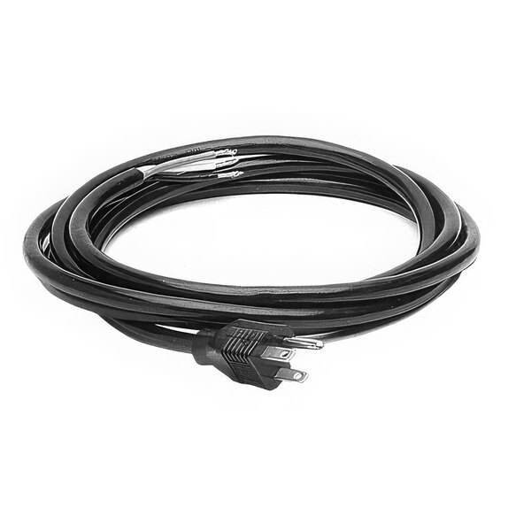 A close-up of a black Waring cord with white plugs.