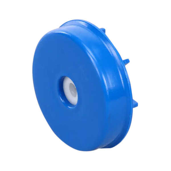 A blue plastic object with a hole in the center.